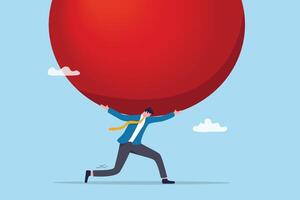 Work under pressure, heavy burden or problem, overworked with exhausted despair, responsibility challenge, failure fatigue, excess concept, tried businessman carrying huge heavy pressure burden. vector