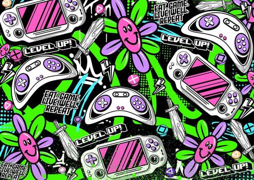 Graffiti retro gaming background illustration. Colorful gaming background elements vector