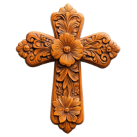 Rustic Handcrafted Wooden Cross with Floral Themes Isolated on Transparent Background png