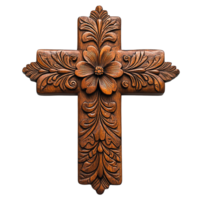 Wooden Cross with Detailed Folk Art Carving Isolated on Transparent Background png