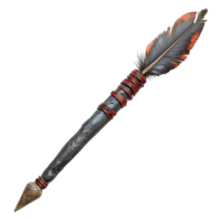 Handcrafted Tribal Spear with Ornate Feathers, Carved Wooden Shafts, and Flint Blade Points Isolated on Transparent Background png