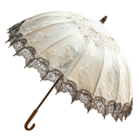 Bridal Umbrella with White Lace Detail and Curved Wooden Handle Isolated on Transparent Background png