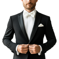 Groom in Luxury Black-Tie Attire Featuring Fitted Black Suit, White Accessories, and Confident Expression on Transparent Background png