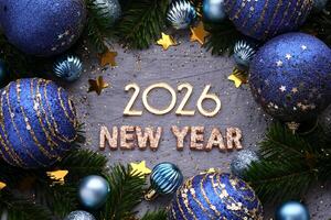 The inscription New Year 2026 on a blue background with Christmas decorations. photo