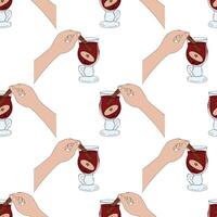 Hand Push Cinnamon Stick in Glass Cup with Mulled Wine Apple slice and Glove Seamless Pattern Pop Art. Isolated illustration Cozy Seasonal Drink Menu Card Backdrop or Promo Banner, leaflet, tag vector