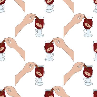 Hand Push Cinnamon Stick in Glass Cup with Mulled Wine Apple slice and Glove Seamless Pattern Pop Art. Isolated illustration Cozy Seasonal Drink Menu Card Backdrop or Promo Banner, leaflet, tag
