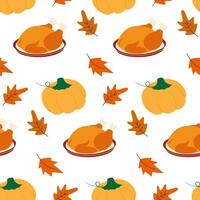 Fried Turkey Dry Autumn Leaves and Pumpkin Seamless Pattern Thanksgiving Holiday Greeting Background. Isolated illustration Autumn Holiday Theme Cards Background Party invite or banner, leaflet vector