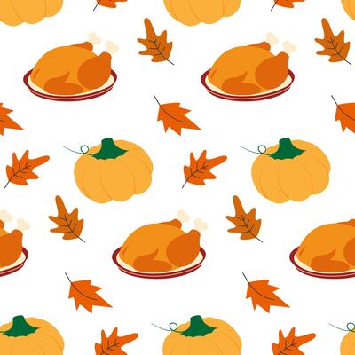 Fried Turkey Dry Autumn Leaves and Pumpkin Seamless Pattern Thanksgiving Holiday Greeting Background. Isolated illustration Autumn Holiday Theme Cards Background Party invite or banner, leaflet