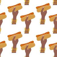 Afro American Female hands Hold Hot Dog with mustard and ketchup Seamless Pattern Fast Food Backdrop. Isolated illustration Fast Food or Hot Dog Day content Ads Menu Cards, price tag, leaflets vector