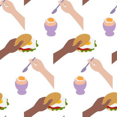 People Hands Different Nationality with Eggs Sandwich and Soft Boiled Egg Seamless Pattern Food Fond. Isolated illustration Thematic or Menu Cards Backdrop Banner, leaflets, labels, price tags