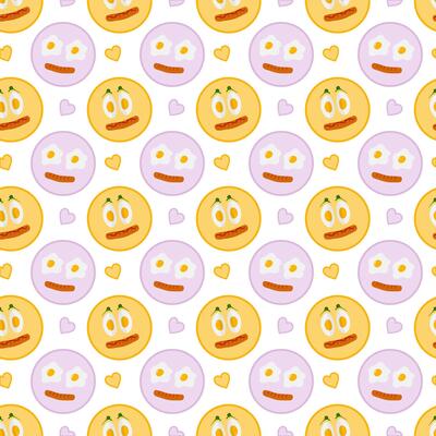 Fried and Boiled Eggs on plate with grilled sausage Like Cute Emoticons Seamless Pattern Breakfast. Isolated illustration Food Poster Motivation Backdrop or promo banners, leaflets, media post