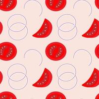 Tomato Slices round and quarter and Onion rings Seamless Pattern Healthy Eating Thematic Background. Isolated illustration Food Poster Backdrop Menu Cards or Banner, leaflets, price, media post vector