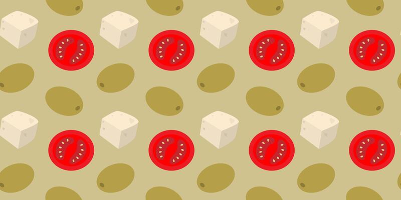 Hand drawn Cheese Cubes Green Olives and Circle Tomatoes slices Seamless Pattern Banner Format idea. Isolated illustration Healthy Thematic or Menu Cards Backdrop Leaflet, price tag, media post