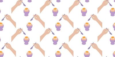 Hands hold spoon and Soft Boiled Egg in egg bowl Seamless Pattern Banner Format Healthy Eating fond. Isolated illustration Food Poster Backdrop Social media post or promo banner, leaflet, label vector