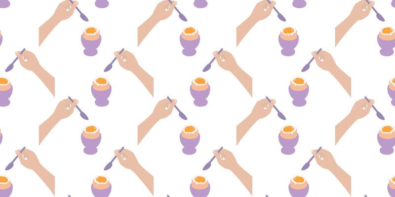Hands hold spoon and Soft Boiled Egg in egg bowl Seamless Pattern Banner Format Healthy Eating fond. Isolated illustration Food Poster Backdrop Social media post or promo banner, leaflet, label