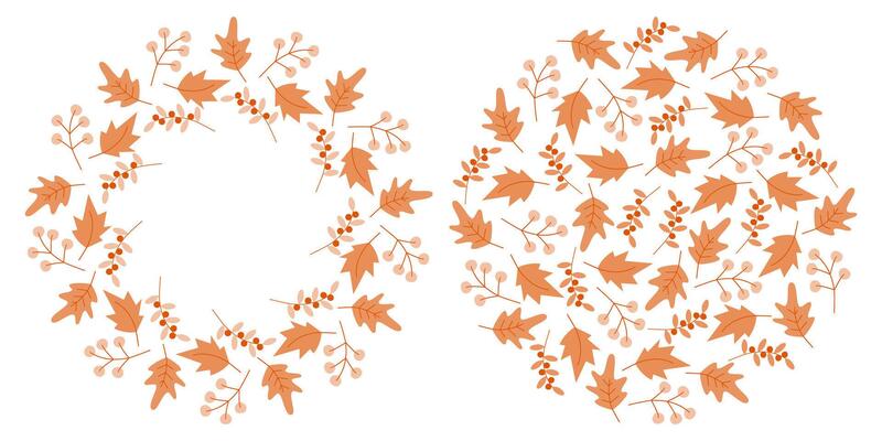 Autumn Dry Leaves and Berries Twigs Circle Frame Border Copy space Template and Round Backdrop Set. Isolated Illustration Autumn Holidays Greeting Themes Cards Background Banner, leaflet, label