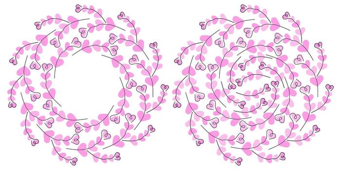 Outline Heart Shape twigs on heart shape spot in trendy soft pink Circle Frame Copy space Template. Isolated illustration St Valentines Greeting Thematic Cards or Party Invite, leaflet Backdrop vector