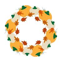 Cozy Autumn dry leaves and Pumpkins White ang Orange Thanksgiving Circle Frame border Copy space. Isolated illustration Thanksgiving greeting, Social media Post or promo banner, leaflets, label vector