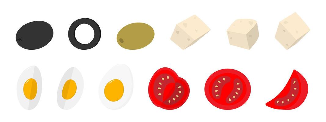 Black and Green Olives Cheese Cubes Hard Boiled Egg and Tomato Slices Salad or Pizza Ingredients Set. Isolated illustration Healthy Food Thematic Poster or Menu Card Banner, leaflet, label, tag