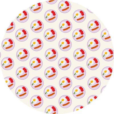 Fried egg Tomato slices Greens and Grilled Sausage on Plate Seamless Pattern on Circle Background. Isolated illustration Food Day or Egg Day Backdrop Thematic Menu, leaflets, social media posts