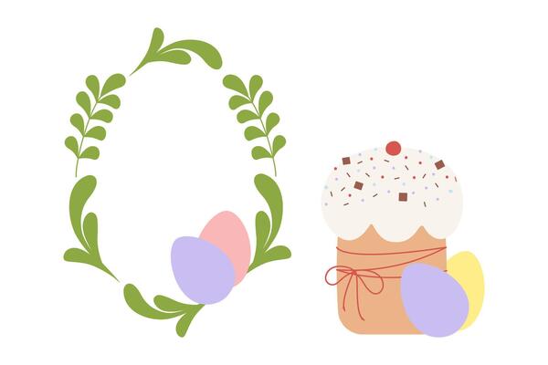 Easter cake and Painted Easter Eggs and Oval Frame of Decorative Leaves and Eggs Copy space Template. Isolated illustration Easter Greeting Thematic Cards Invite or promo banner, leaflets, tag