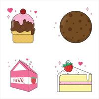 Sweet And Delicious Desserts And Bakery Products Such As Ice Cream Milk Cake Strawberry And Choco Cookies vector