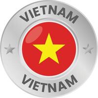 Vietnam flag in silver colored medal. National flag in metal circle emblem. vector