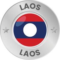Laos flag in silver colored medal. National flag in metal circle emblem. vector