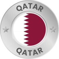 Qatar flag in silver colored medal. National flag in metal circle emblem. vector