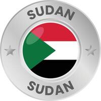Sudan flag in silver colored medal. National flag in metal circle emblem. vector