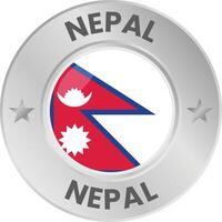 Nepal flag in silver colored medal. National flag in metal circle emblem. vector