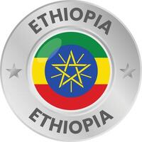 Ethiopia flag in silver colored medal. National flag in metal circle emblem. vector