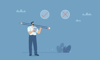 Right and wrong, Business decision making concept, Businessman making important decisions about right and wrong, Business reasoning analysis, Flat design illustration. vector