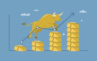Bull market of gold investment, Gold growth, The profit of an investment increases or soars rapidly, Investment concept, Flat design illustration. vector