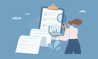 Businesswoman analyzing data and reports vector