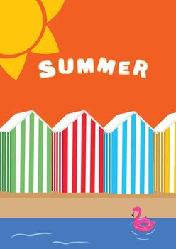 Summer Vibes with Colorful Wooden Cabins and Flamingo float vector