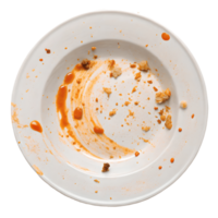 Empty Plate After Meal Scraps, Sauce, and Crumbs on White Dish, Food Waste, Post Dining Scene, Tableware, Overhead View Transparent Background png