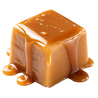 Decadent Caramel Cube Delight Glossy Toffee Candy with Dripping Caramel Sauce, Sweet Treat Indulgence Transparent Background png