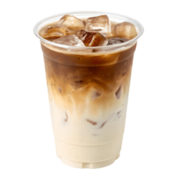 Iced Latte Coffee Delight Refreshing Cold Brew Beverage in Clear Plastic Cup with Ice Cubes, Creamy Texture, and Elegant Presentation Transparent Background png