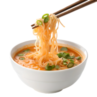 Delicious Ramen Soup with Chopsticks Close Up of Noodles, Broth, and Green Onions in White Bowl on Transparent Background png
