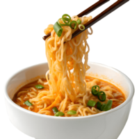 Steaming Bowl of Ramen Noodles with Chopsticks, Topped with Green Onions, Close up Delicious and Appetizing Food Photography, Asian Cuisine Transparent Background png