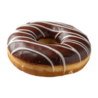 Delicious Chocolate Glazed Doughnut with White Icing Stripes , Bakery Sweet Treat, Pastry Food Delight Transparent Background png