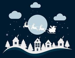 Santa in a reindeer sleigh flies in the sky on Christmas night. Winter landscape with houses and fir trees in snowdrifts. vector