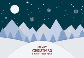 Christmas night scene with fir forest and mountains on moonlit snowy night. Merry Christmas and Happy New Year. vector
