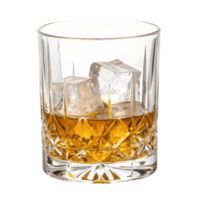 Whiskey on the Rocks Golden Liquor in Crystal Glass with Ice Cubes, an alcoholic drink, served cold, refreshing, clear ice, elegant, bar setting, on Transparent Background png