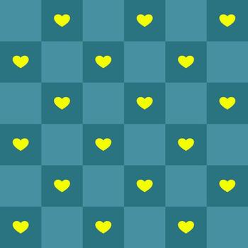 Seamless pattern with yellow hearts and squares. Geometric repeating gingham pattern, blue striped texture. vector