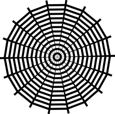 Abstract black and white radial geometric pattern with concentric lines and spokes