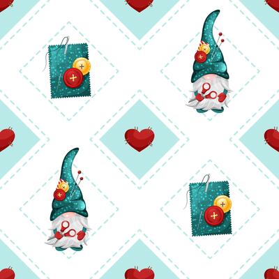 Seamless rhombus pattern with cute gnomes and hearts. Geometric sew texture with scissors