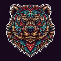 Psychedelic bear head design with vibrant colors and intricate patterns, perfect for posters, apparel, tattoos, and digital art. vector