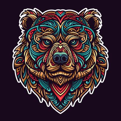 Psychedelic bear head design with vibrant colors and intricate patterns, perfect for posters, apparel, tattoos, and digital art.